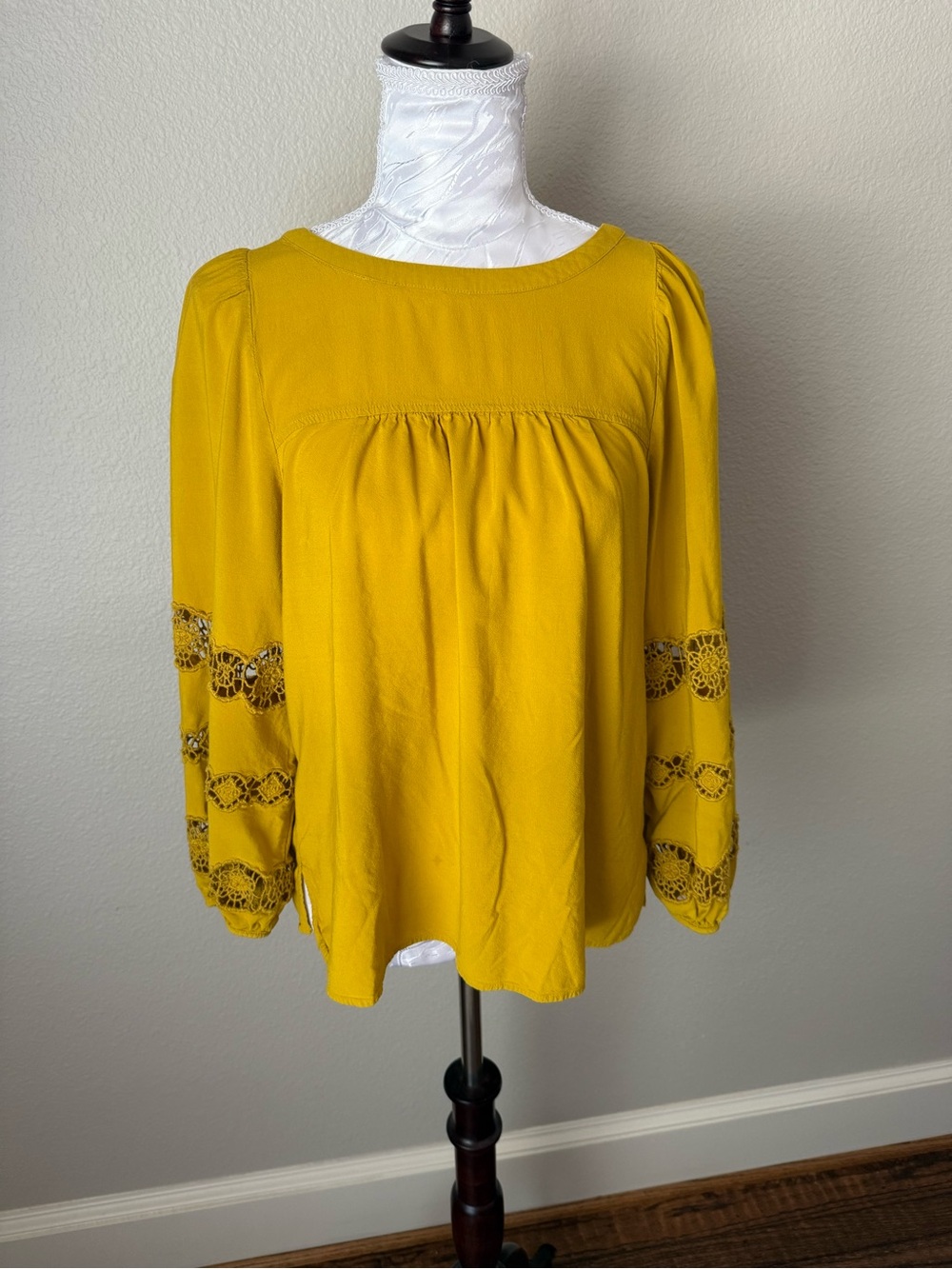 Women's Mustard Yellow Long-Sleeve Crochet Detail Blouse